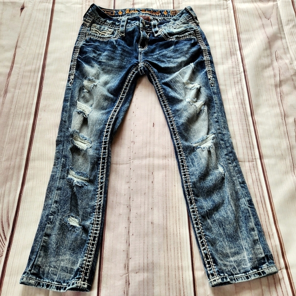 Rock Revival "Jena Crop" Distressed Cropped Ankle Blue Jean | Women's Size 27 - Picture 4 of 15